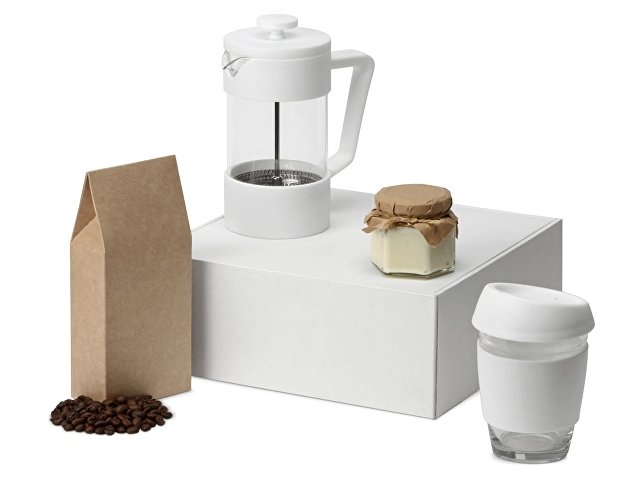 Подарочный набор с кофе, кружкой и френч-прессом "Бодрое утро", белый
